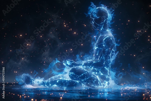 Wireframe man meditating with outer space background as a concept of enlightenment