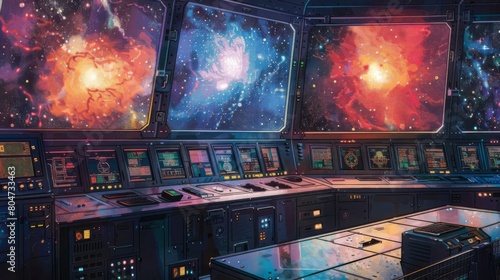 The image shows a control room of a spaceship. There are three screens showing different parts of the ship. The control panel is in the center of the room.