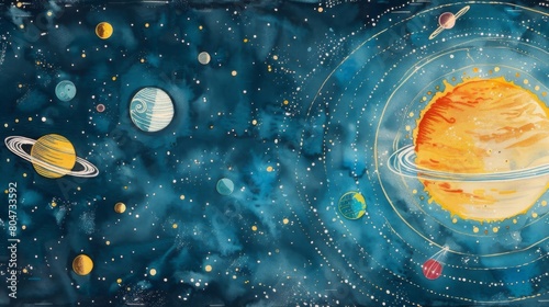 The image shows a painting of the solar system. There are eight planets orbiting the sun. The planets are Mercury, Venus, Earth, Mars, Jupiter, Saturn, Uranus, and Neptune.