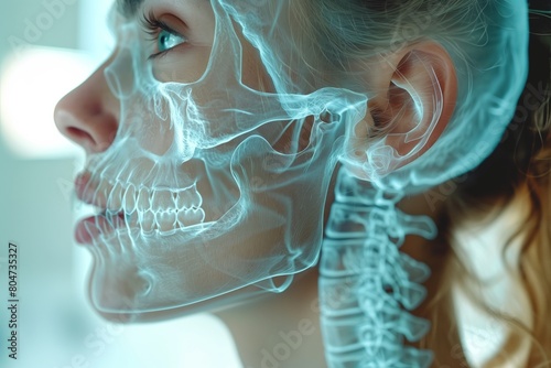 Head of young woman with semi transparent skin and visible skull, teeth and jaw bones. Profile view of girl's face. Human anatomy.