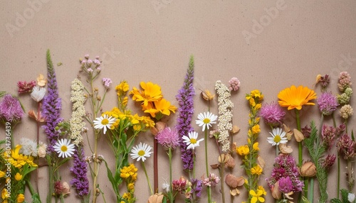 a floral arrangement of wildflowers arranged vertically along a wall or neatly arranged on a surface natural background illustration for cover card postcard poster brochure or presentation