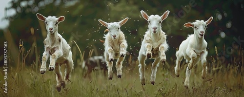 herd of white goats captured in motion as they run across a vibrant green pasture under the sunlight