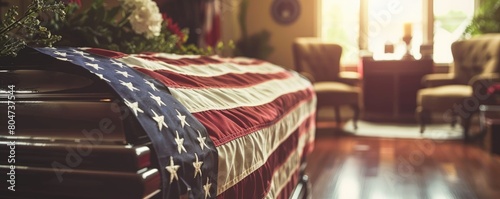 American flag draped a coffin at military funeral inside a church, representing honor and sacrifice