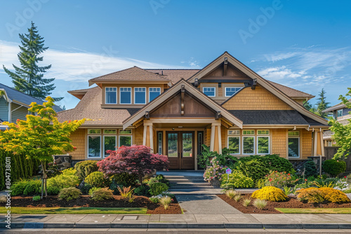 A front view of a striking goldenrod craftsman cottage style home,