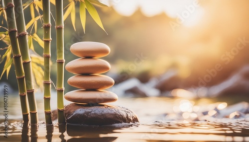 states of mind meditation feng shui relaxation nature zen concept bamboo rocks and water background with copy space nature illuminated with sunlight generative ai