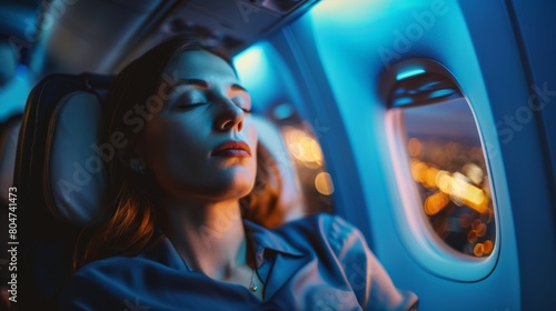 Serene woman sleeping peacefully on nighttime airplane flight