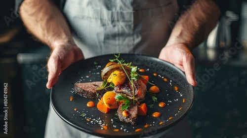 food elegant expensive dish plate dark black gourmet dinner chef. Generative Ai