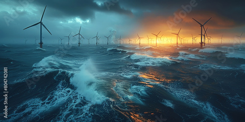 Stormy ocean with offshore wind turbines during sunset, ideal for renewable energy and climate change concepts. World Ocean Day.