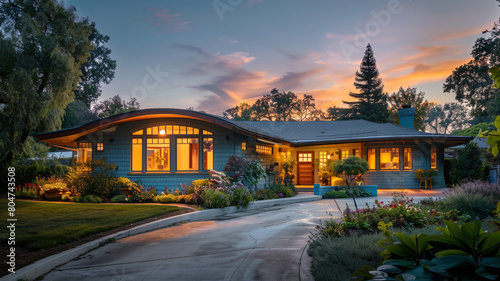 Early morning view of a serene sky blue craftsman cottage with a sweeping curved roof, as the first light of dawn casts a soft glow, awakening the home in a quiet, residential neighborhood.
