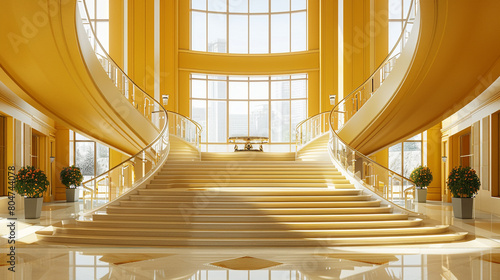 Elegant goldenrod entrance hall with a grand staircase and panoramic windows in a modern American setting.
