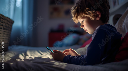 A child using a smartphone lying in bed late at night, playing games, watching videos online, and scrolling the screen. Children's screen addiction. Child's room at night.