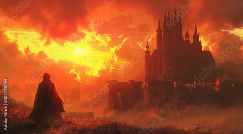 A fantasy medieval castle with the sunset in the background, in a digital art style with a dark red and orange color scheme.