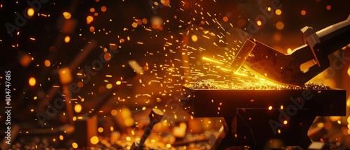 A blacksmith hammers a hot piece of metal on an anvil, sparks flying.