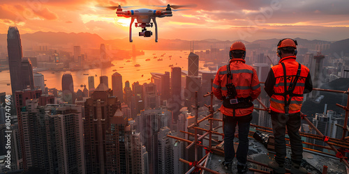 Specialists Use Drone on Construction Site. Architectural Engineer and Safety Engineering Inspector Fly Drone on Building Construction Site Controlling Quality. Focus on Drone