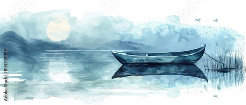 A lonely boat sits on a still lake, the only sound the gentle lapping of the waves against its hull
