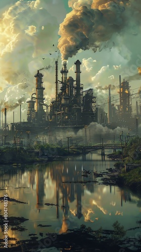A factory on the edge of a polluted river