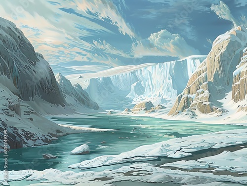Illustrate the concept of Temperature by painting a surreal landscape where icy glaciers meet scorching deserts