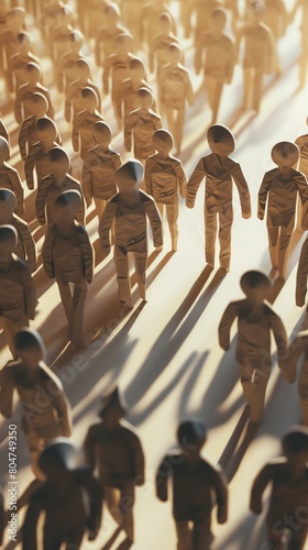 A large group of faceless mannequins walking towards the viewer.