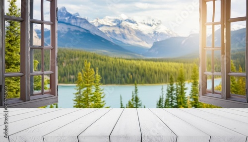 beautiful scenery empty white wooden table banff national park view blurred bokeh out of an open window product display defocus bokeh blurred background with sunlight product display template