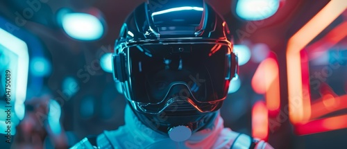 Astronaut in a futuristic spacesuit with a visor reflecting a neon-lit spaceship interior.