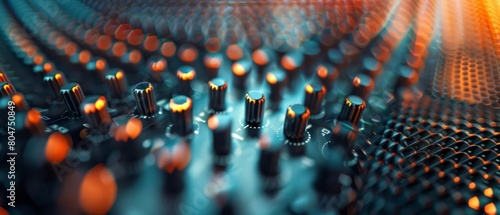 Close-up of a professional audio mixer with orange and blue lights reflecting off the knobs and faders.