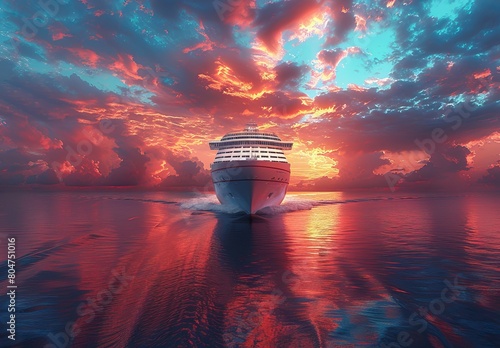 A luxury cruise ship sailing on the open sea with a colorful sunset sky background, in the style of photorealistic photography. --ar 123:83 --stylize 750 Job ID: fbcf069e-6567-469d-9e7f-0530d6330baf