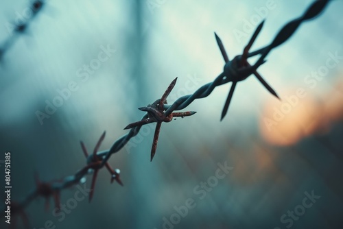 Prickly Barbed wire blurred background nature outdoor. Defense barbwire rust grunge metal. Generate Ai