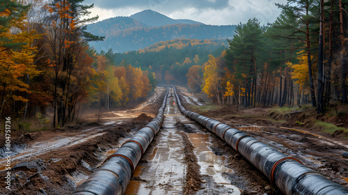 gas and oil pipeline construction. Pipes welded together. The big pipeline is under construction.