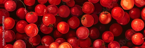 This seamless pattern showcases ripe, red tomatoes with a glossy finish, perfect for food packaging, restaurant menus, and agricultural promotions.