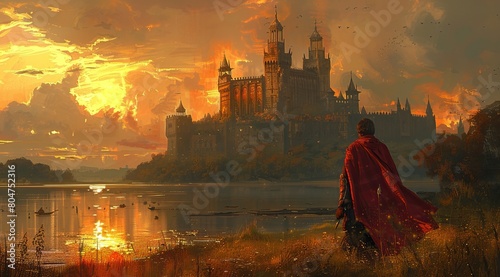 A medieval castle under the sunset, with a man in red cape walking towards it, in the fantasy art style, digital painting