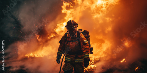 Dramatic image of a firefighter battling a fierce wildfire, with intense orange flames engulfing the forest under a smoky sky.