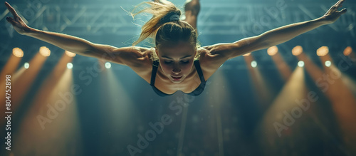 Dynamic aerial shot of a female circus performer executing a breathtaking dive, illuminated by dramatic stage lighting.