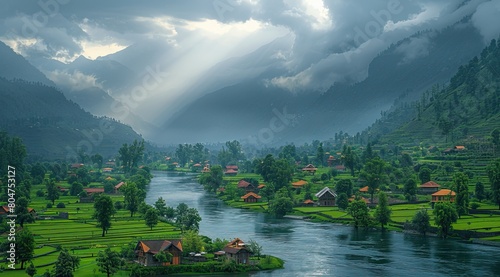 A photo of a Himalayan village by a river, with houses on both sides featuring green lawns and trees