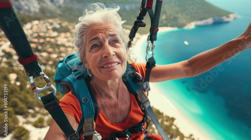 grandmother paragliding on a paradisiacal beach in summer. vacation, travel, height concept. in high resolution and high quality