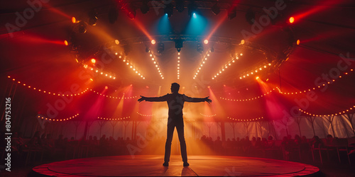 Сircus. Dramatic rear view of a magician on stage with arms wide open, surrounded by spotlight beams and atmospheric smoke in a vintage theater.