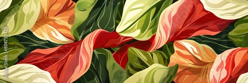 This vibrant and colorful illustration of endive leaves mixes different shades of green and orange, perfect for culinary art, healthy lifestyle promotions, and decorative design elements.