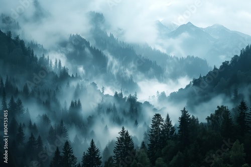  Misty forest landscape with fog gently enveloping the dense evergreen trees and distant mountain peaks, creating an ethereal and mysterious atmosphere