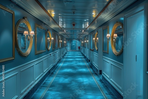 A photo of the corridor on a luxury cruise ship, with mirrors and blue carpet, taken in the style of Nikon d800 camera. --ar 3:2 --stylize 750 Job ID: 57880537-d4da-4cc9-8b85-678707f4d8d0