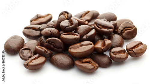 Close-up of rich, brown coffee beans isolated on a white background, highlighting their glossy texture and unique shapes.