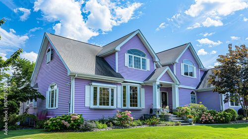 Wide-angle shot of the front fa? section ade of a pastel purple house with siding, illustrating the inviting character and charm of suburban homes, under a sunny sky.