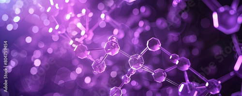 Cosmic violet background with advanced polygonal molecular structures interconnected polygons glowing brightly, representing the cosmos's mystery and scientific advancement.
