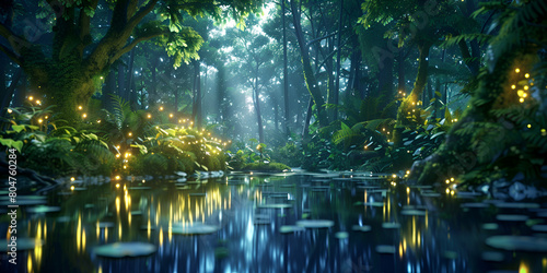 reflections in water, A river with a forest and a light in the background, A river with a waterfall and a forest with a waterfall in the background, A forest with lights and a river with a river in,