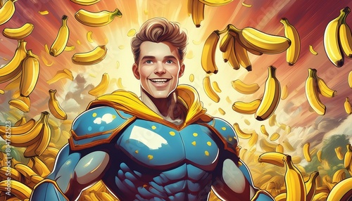 Der Superheld Bananenmann umgeben von Bananen als schneller Energielieferant. Comic.