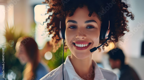 Smiling friendly call-centre agent with headset working 