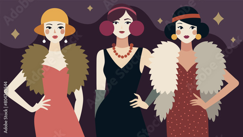 A touch of retro glam with sequined flapper dresses and fur stoles reminiscent of the 50s Hollywood starlets.. Vector illustration