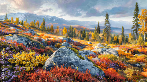 Autumn in Northern Taiga, Colorful Foliage and Rugged Terrain Under a Blue Sky