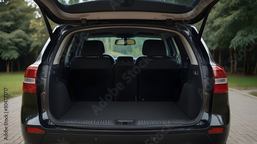 Clean and Empty - Rear View of Black SUV with Open Trunk, Compact SUV Features,Automotive Reviews, Car Features Demonstrations, SUV Advertisement, Travel and Lifestyle Magazines