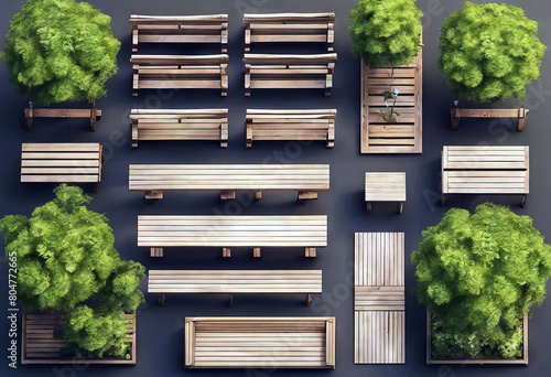 'wooden landscaping Collection vector plan view symbols Set benches top treetop Top View Tree Landscape Garden Bench Vector Park Architecture Map Design Bush Aerial Grass Chair Symbol City Building'
