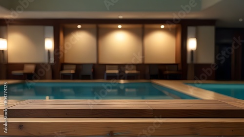 Empty Wooden Counter: Product Display Showcase Stage in Hotel Swimming Pool - Travel, Hospitality, Resort Amenities, Product Placement
