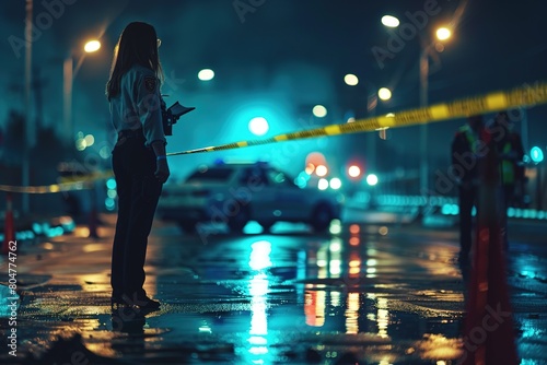 police line, crime scene at night, blurry background